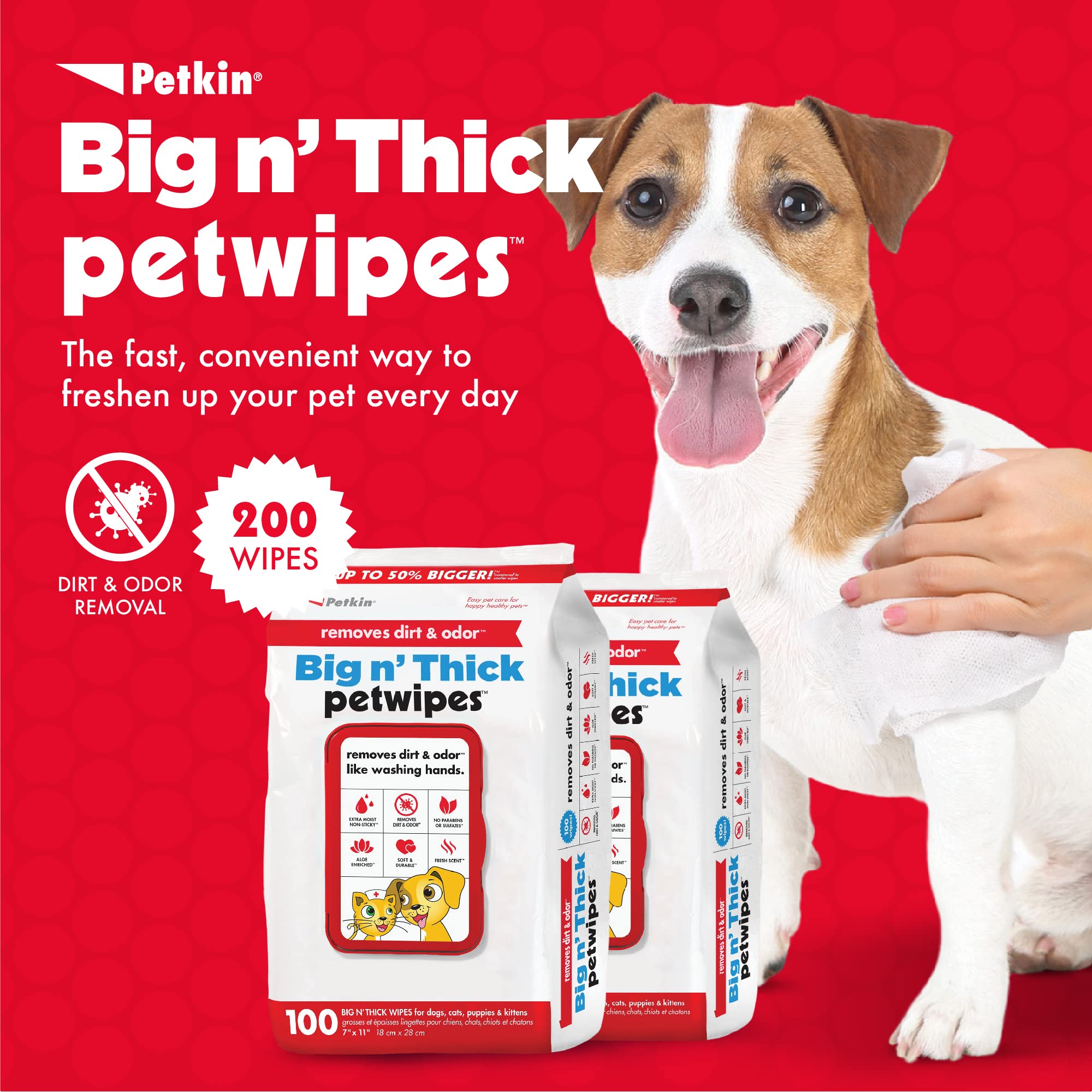 Petkin Pet Wipes for ears, face, and body with gentle cleaning.