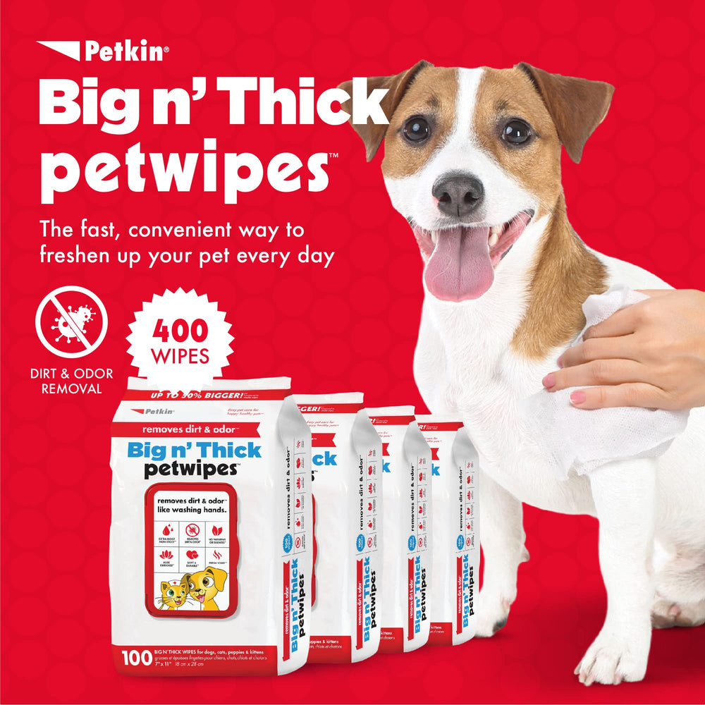 Petkin Pet Wipes large pack showing oversized wipe for large pets.