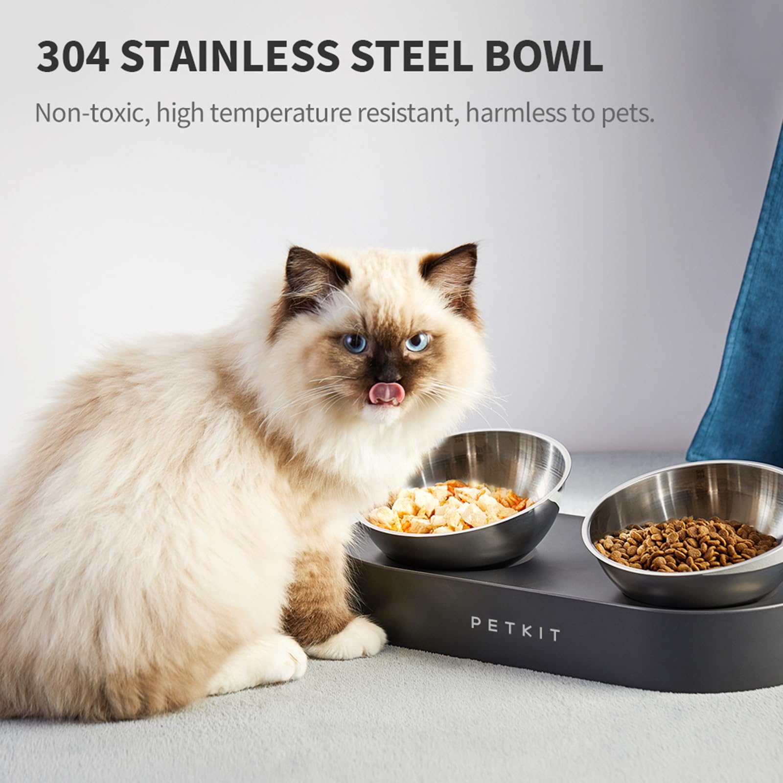 PETKIT 304 stainless steel bowls close-up showing rust-free, dishwasher-safe construction.