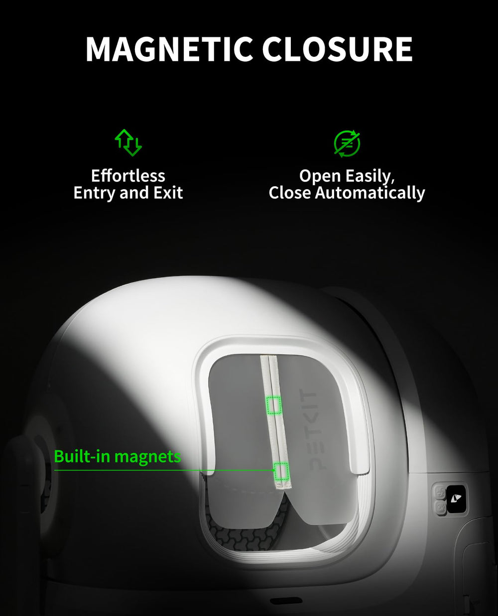 PETKIT curtain close-up highlights odor control and sealed litter area.