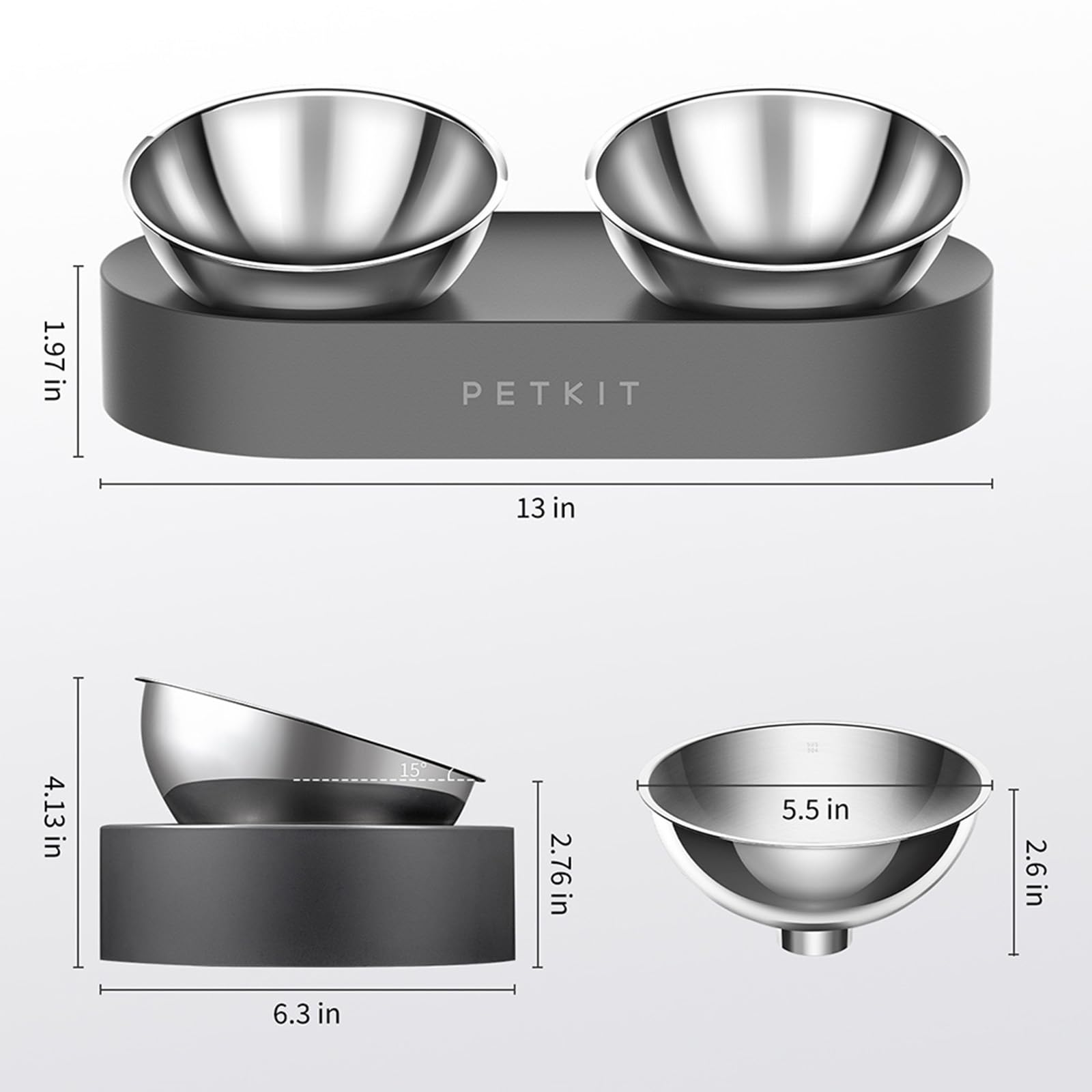PETKIT raised bowls highlight 15° tilt to ease swallowing and comfort.