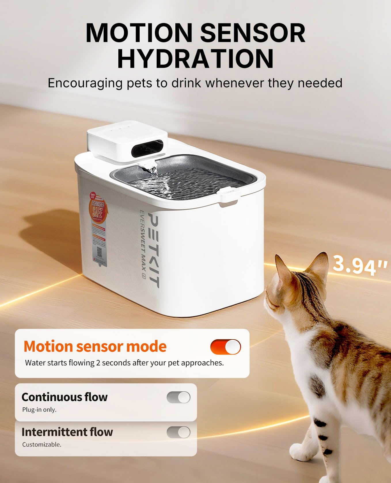 PETKIT motion sensor area demonstrating automatic flow when a pet approaches