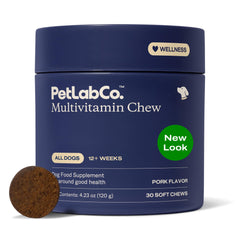 PetLab Co. 22-in-1 dog multivitamin bottle boosts overall canine health.