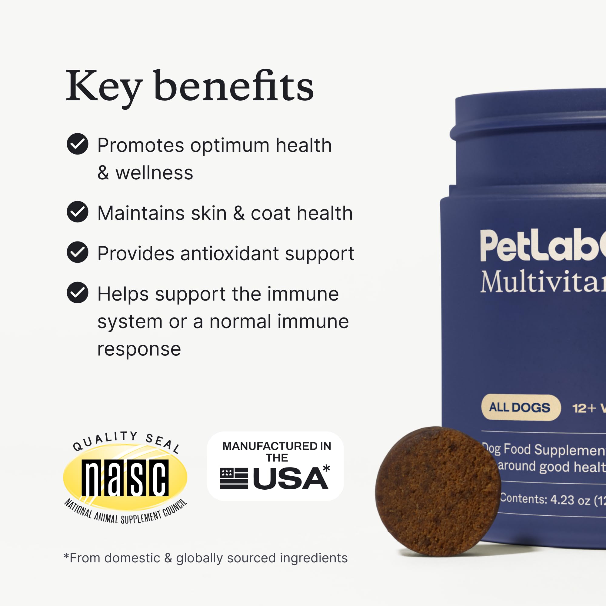 PetLab Co. 22-in-1 label shows ingredients and benefits for overall dog health.