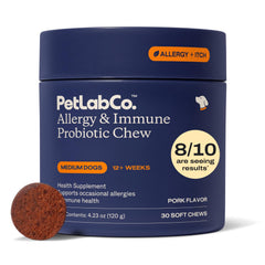 PetLab Co Allergy & Immune daily probiotics dog chews bottle closeup for gut balance.