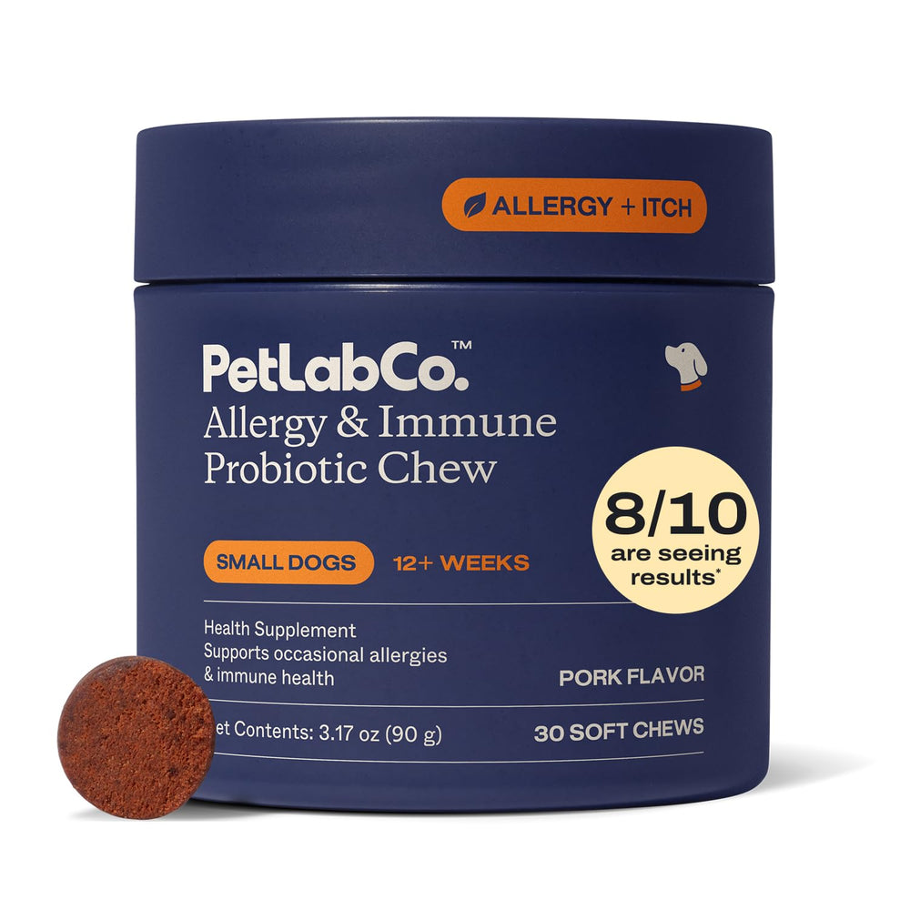PetLab Co. Allergy & Immune daily chews bottle supports gut balance for dogs.