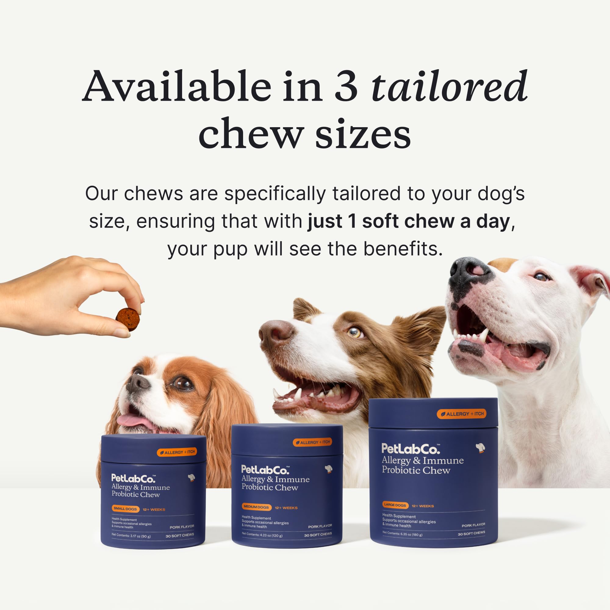 PetLab Co. Allergy & Immune daily chews closeup highlights probiotic blend for canine gut health.