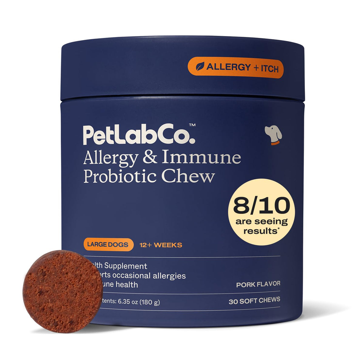 PetLab Co allergy immune daily probiotics packaging front with 30 chews.