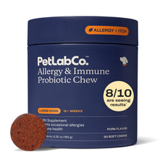 PetLab Co allergy immune daily probiotics packaging front with 30 chews.