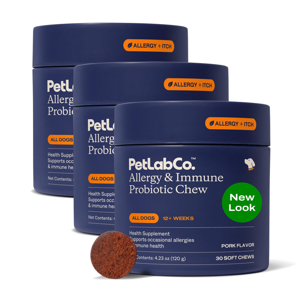 PetLab Co allergy probiotics for dogs with pork flavor in bottle supports gut balance.