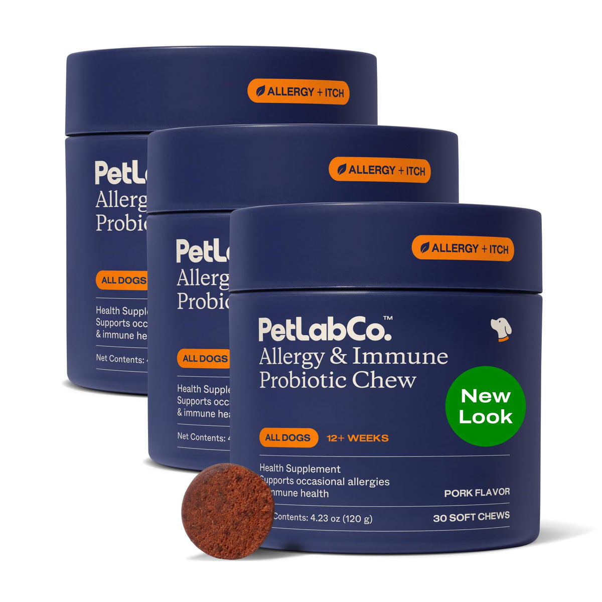 PetLab Co allergy probiotics for dogs with pork flavor in bottle supports gut balance.