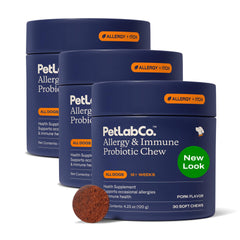 PetLab Co allergy probiotics for dogs with pork flavor in bottle supports gut balance.
