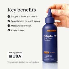 PetLab Co. Clear Ears Therapy bottle label highlighting alcohol-free formula.