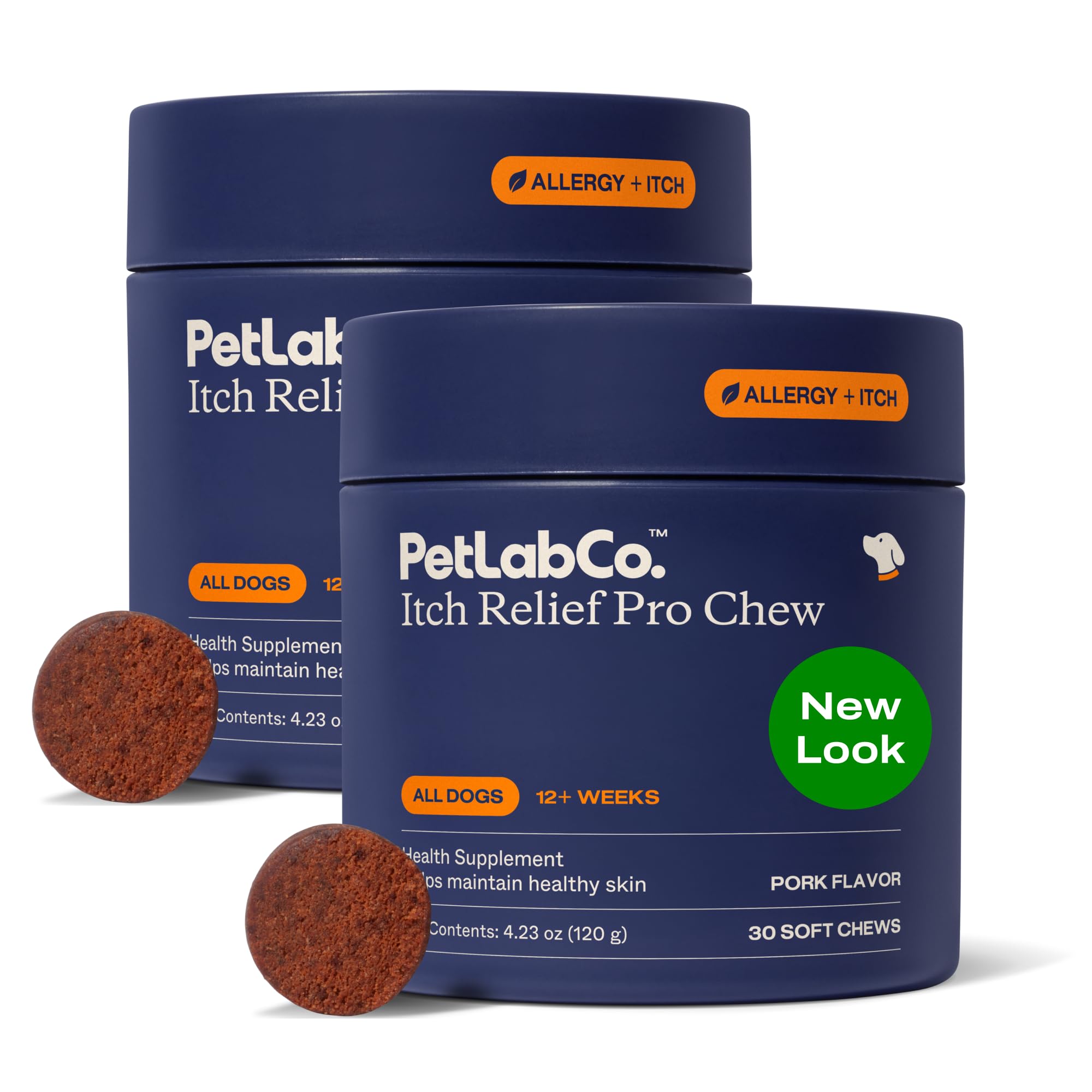 PetLab Co Itch Relief Chew Pro bottle shows pork flavor and omega rich ingredients for dogs.