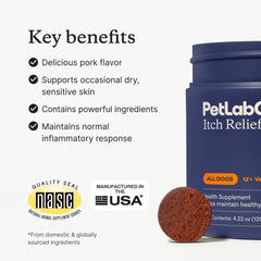 PetLab Co Itch Relief Chew Pro packaging highlights premium ingredients and USA manufacturing.
