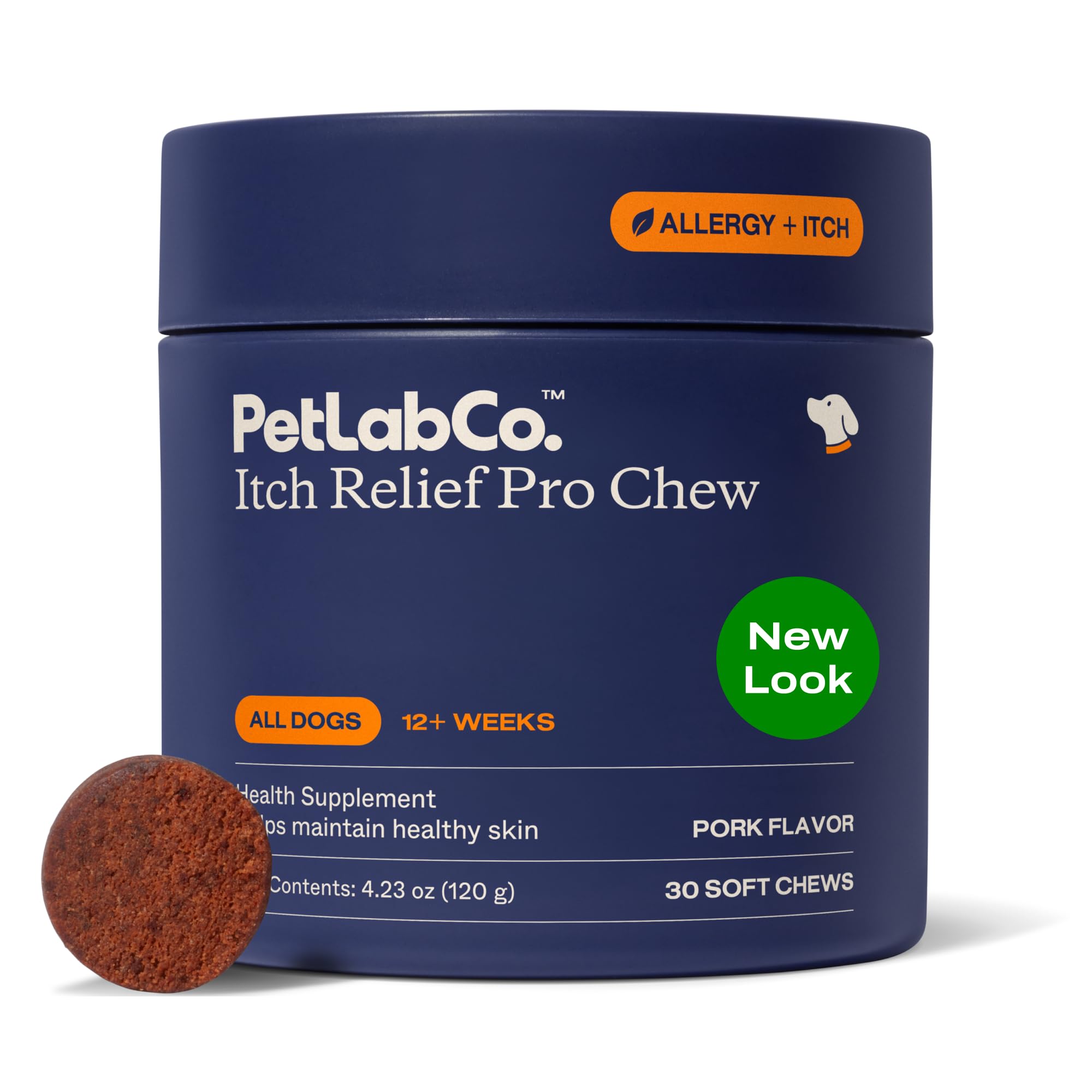 PetLab Co Itch Relief Chew Pro pork flavor bottle for dogs with dry skin support.