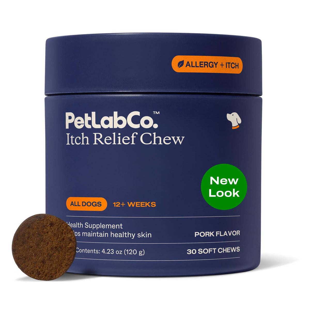 PetLab Co Itch Relief Chews bottle closeup showing skin support.