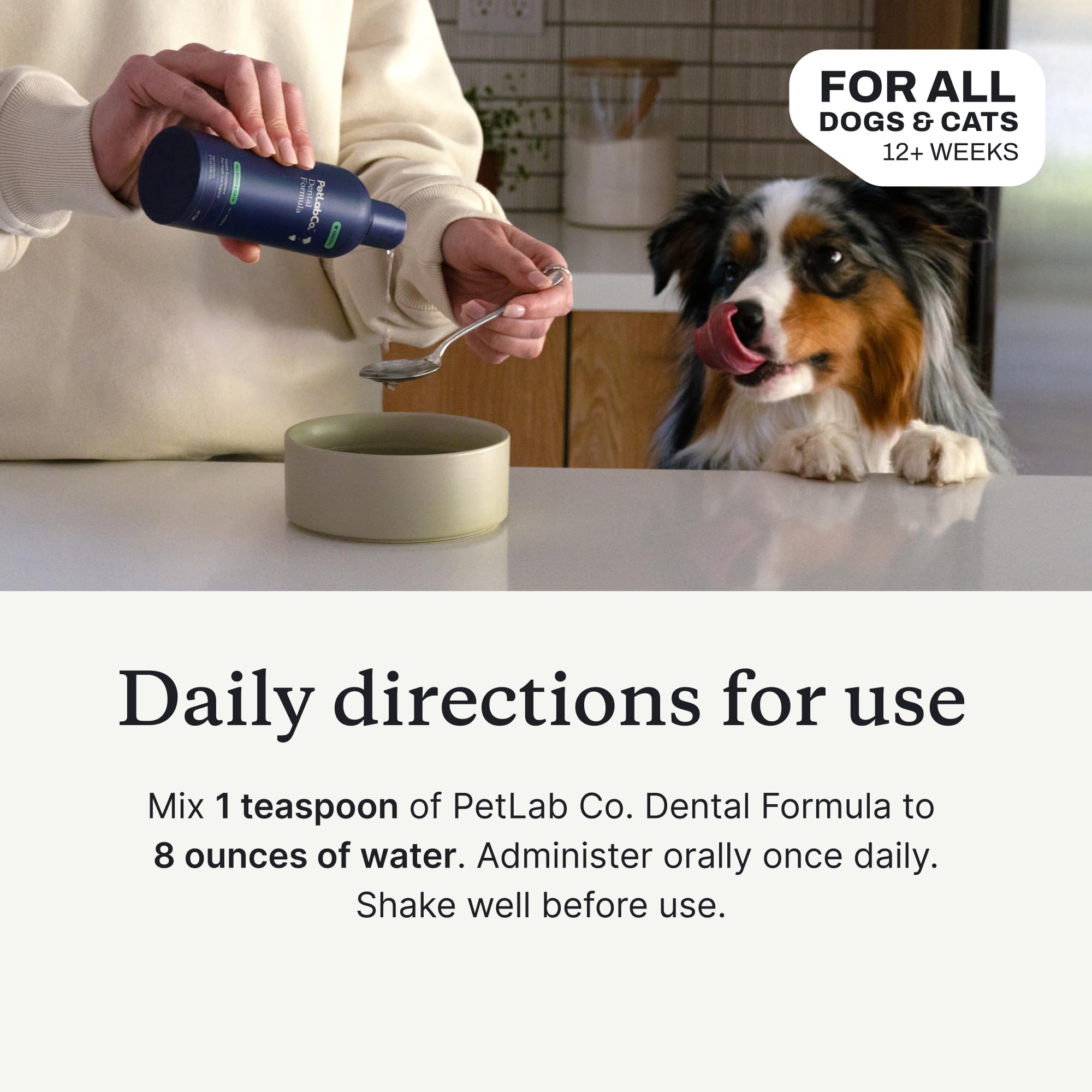 PetLab Co. no toothpaste needed image demonstrates simple dog dental care