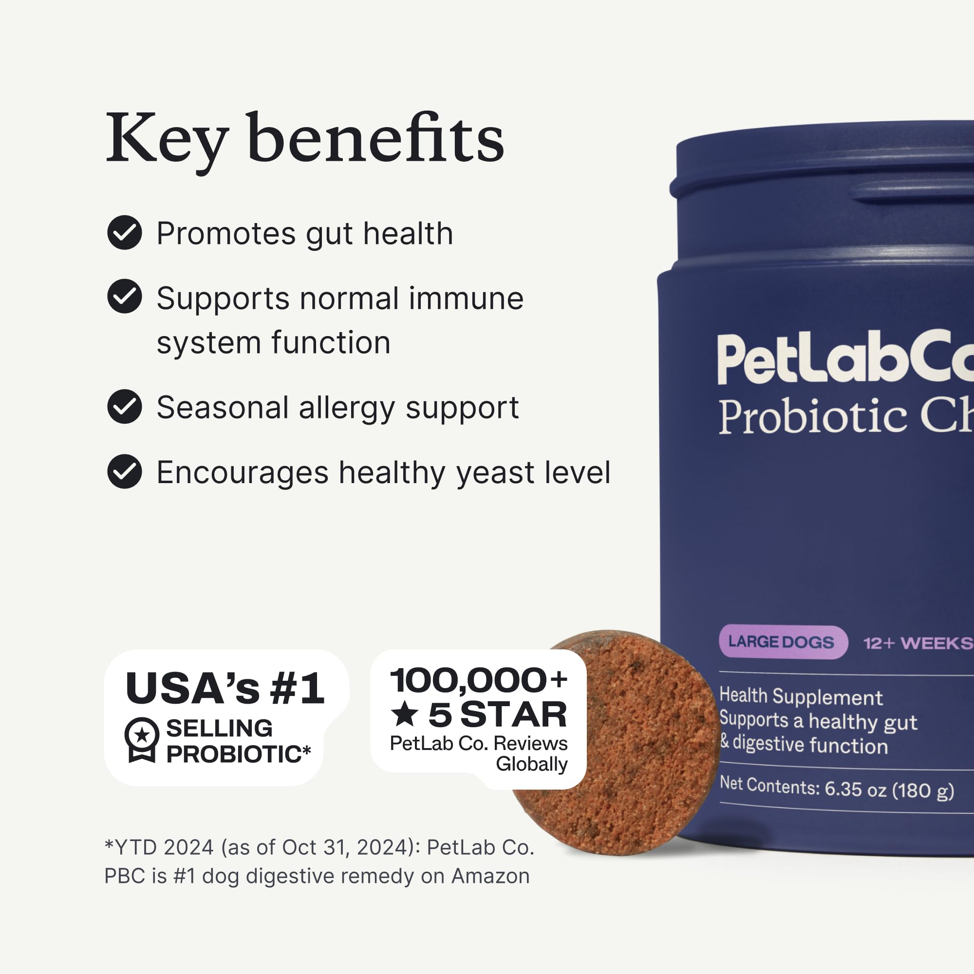 PetLab Co probiotics for dogs large breed chews tailored portion for big dogs' digestion.