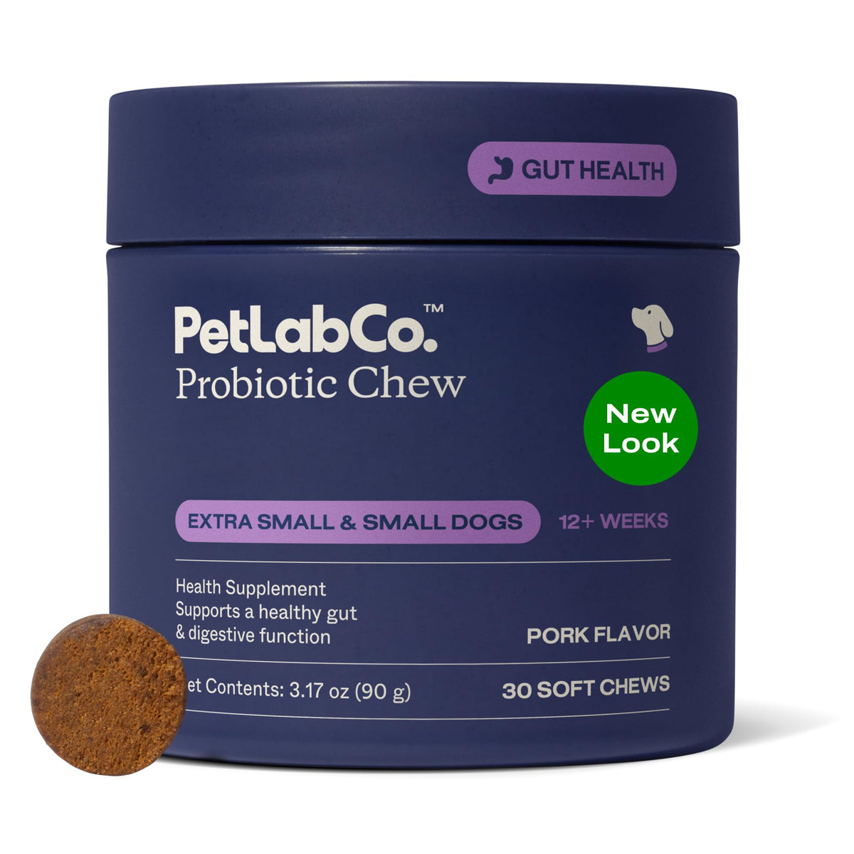 PetLab Co Probiotics for Dogs pork flavor soft chews bottle on counter supports daily gut health.