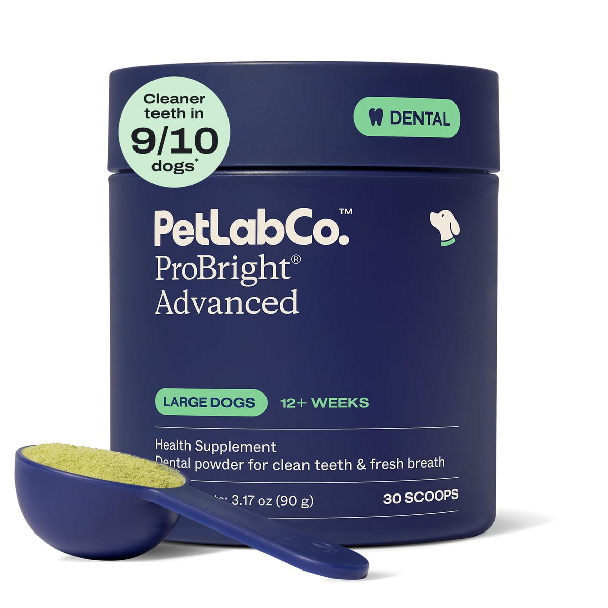 PetLab Co. ProBright dental powder bottle shows a ready-to-use formula for large dogs' fresher breath.