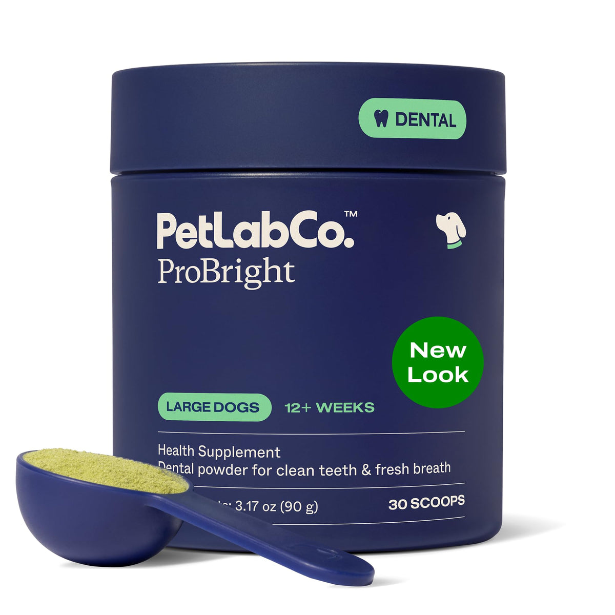 PetLab Co. ProBright dental powder tub closeup for daily dog oral care.