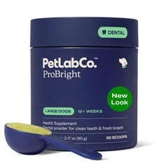 PetLab Co. ProBright dental powder tub closeup for daily dog oral care.