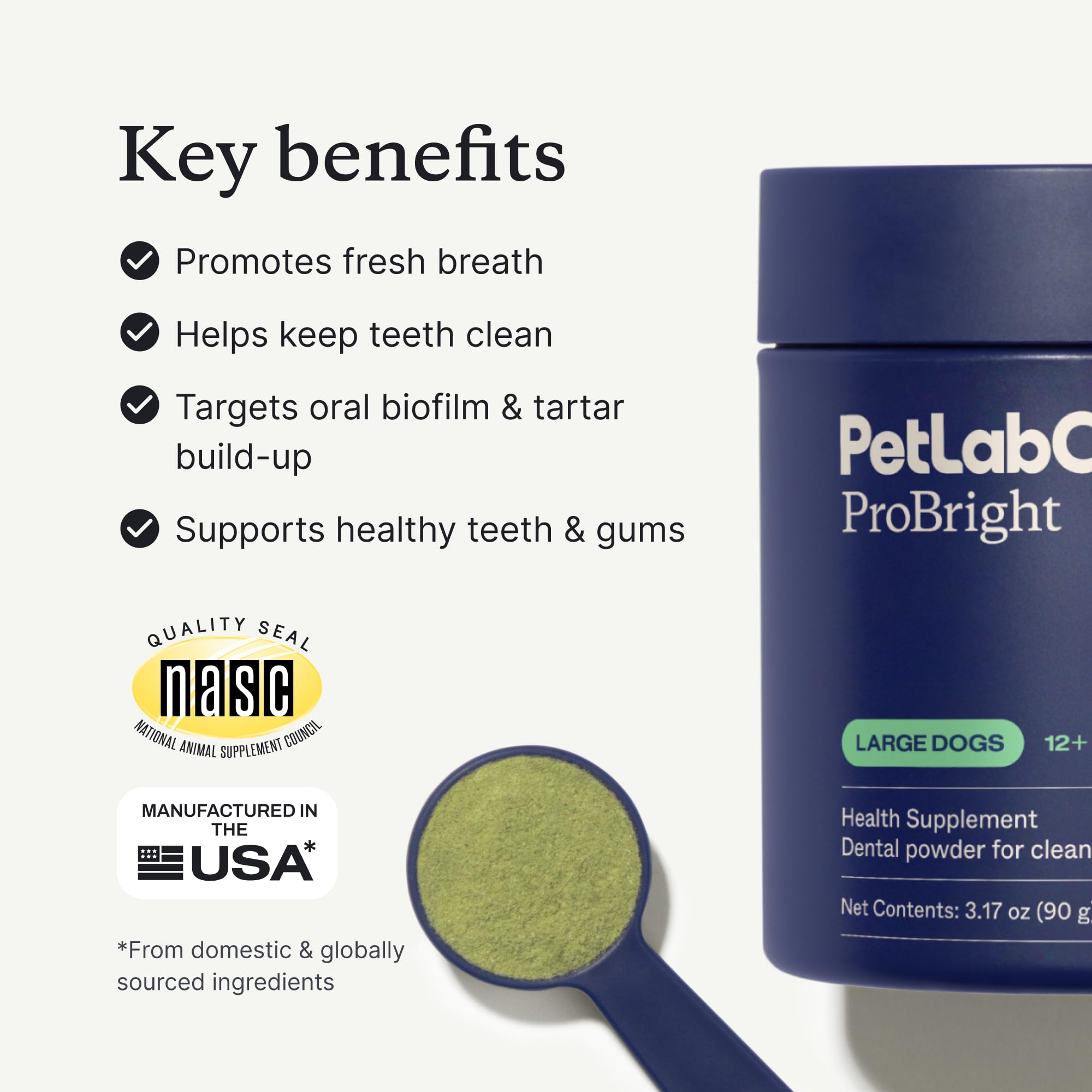 PetLab Co. ProBright large-dog packaging highlights USA-made quality and NASC standards.