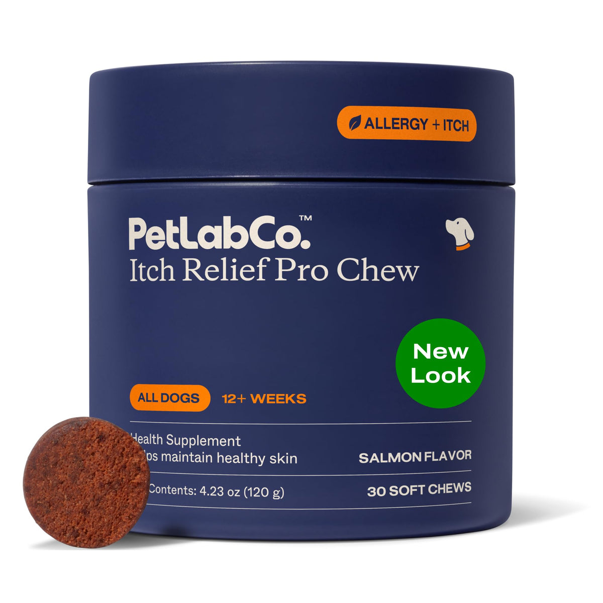 PetLab Co. Salmon Itch Relief Chew Pro bottle with salmon-flavored chews for healthy-looking skin.