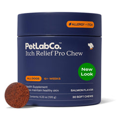 PetLab Co. Salmon Itch Relief Chew Pro bottle with salmon-flavored chews for healthy-looking skin.