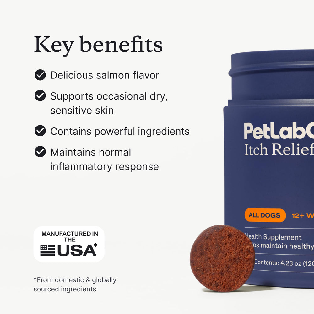 PetLab Co. Salmon Itch Relief Chew Pro ingredients panel featuring omega-3 and antioxidants.