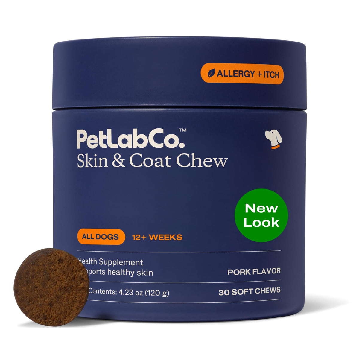 PetLab Co Skin and Coat Chew bottle highlighting ingredients for dogs healthy skin