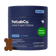 PetLab Co Joint Care Chews bottle with easy dosing and salmon flavor for dogs.