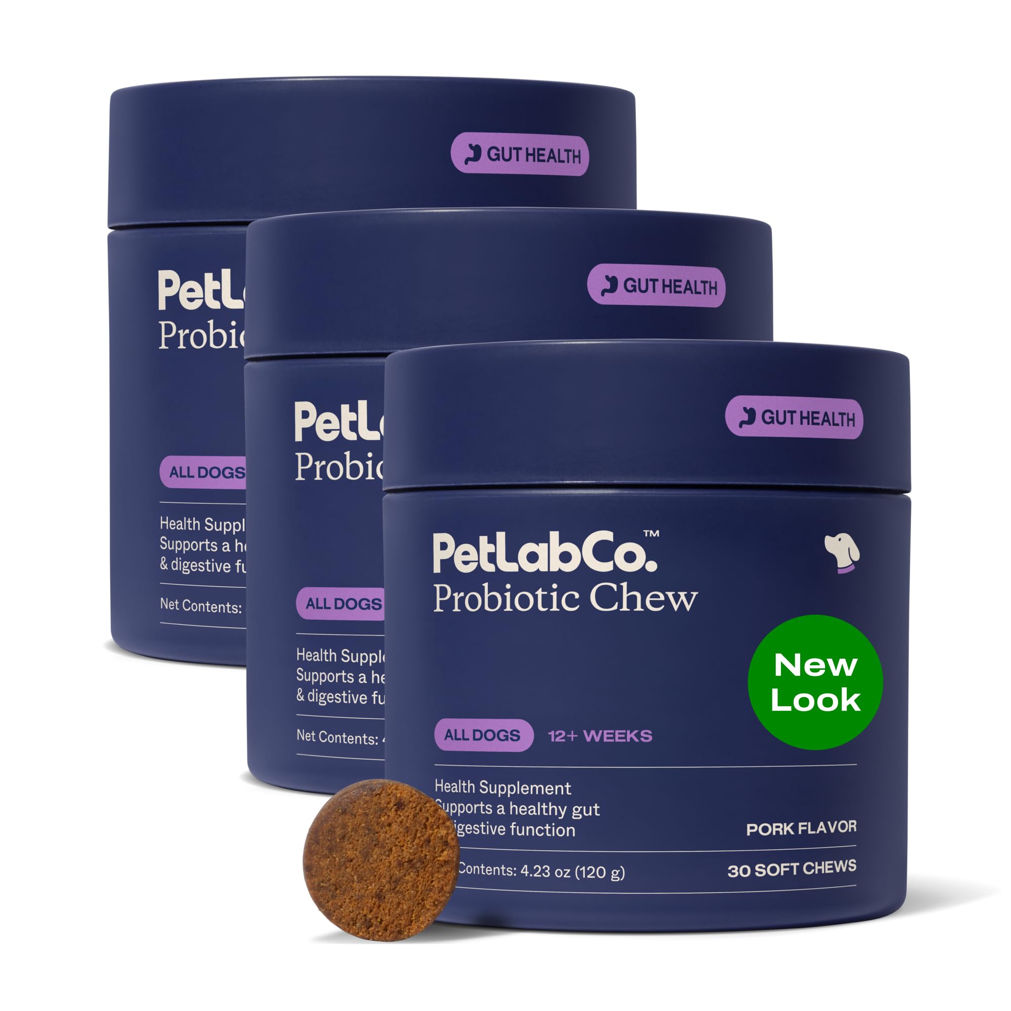 PetLab Co Probiotics for Dogs bottle front with pork-flavored chews.