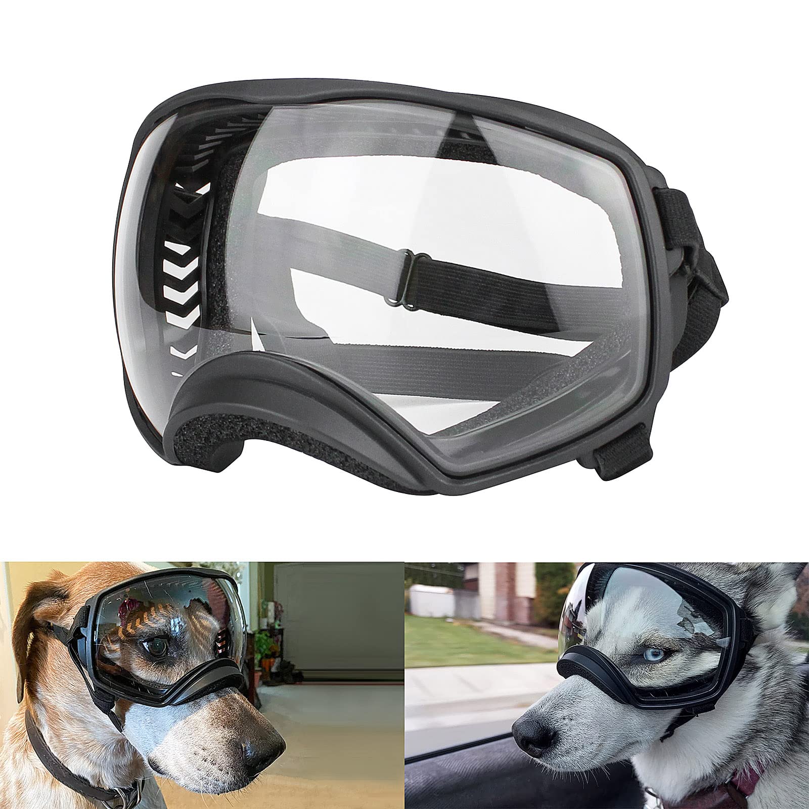 PETLESO Clear Dog Goggles with wide-view lens protect eyes on car rides.