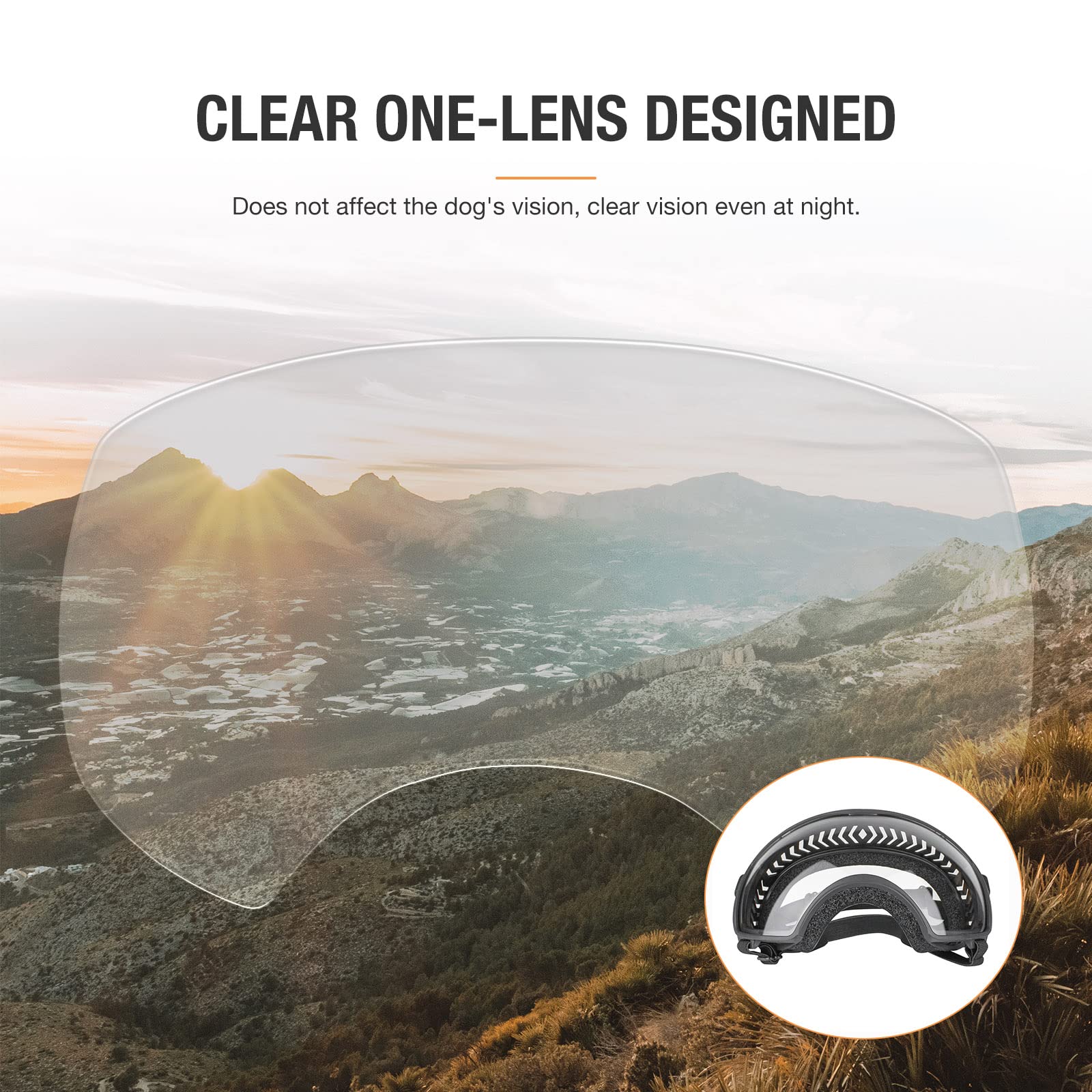 PETLESO Clear lens offers wide view while shielding eyes.
