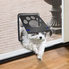 PETLESO dog door screen shows outer dimensions for small pets.