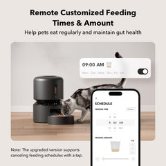 PETLIBRO app control view demonstrates remote feeding and portion adjustments.