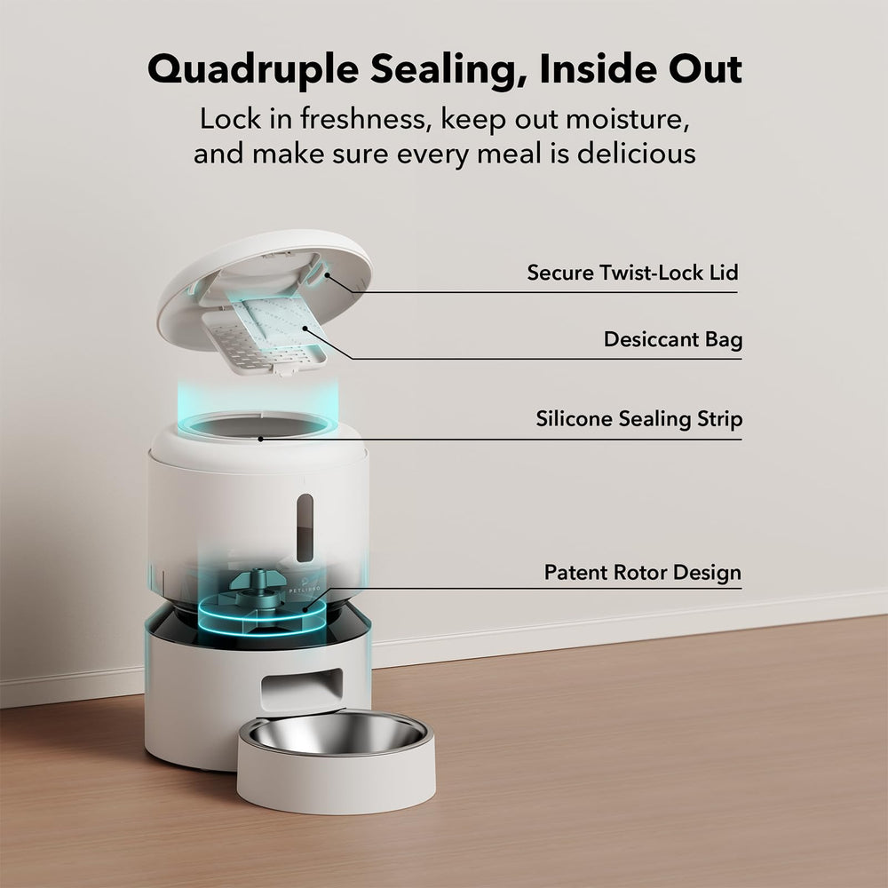 PETLIBRO freshness system highlights desiccant, sealing strip, twist-lock lid.