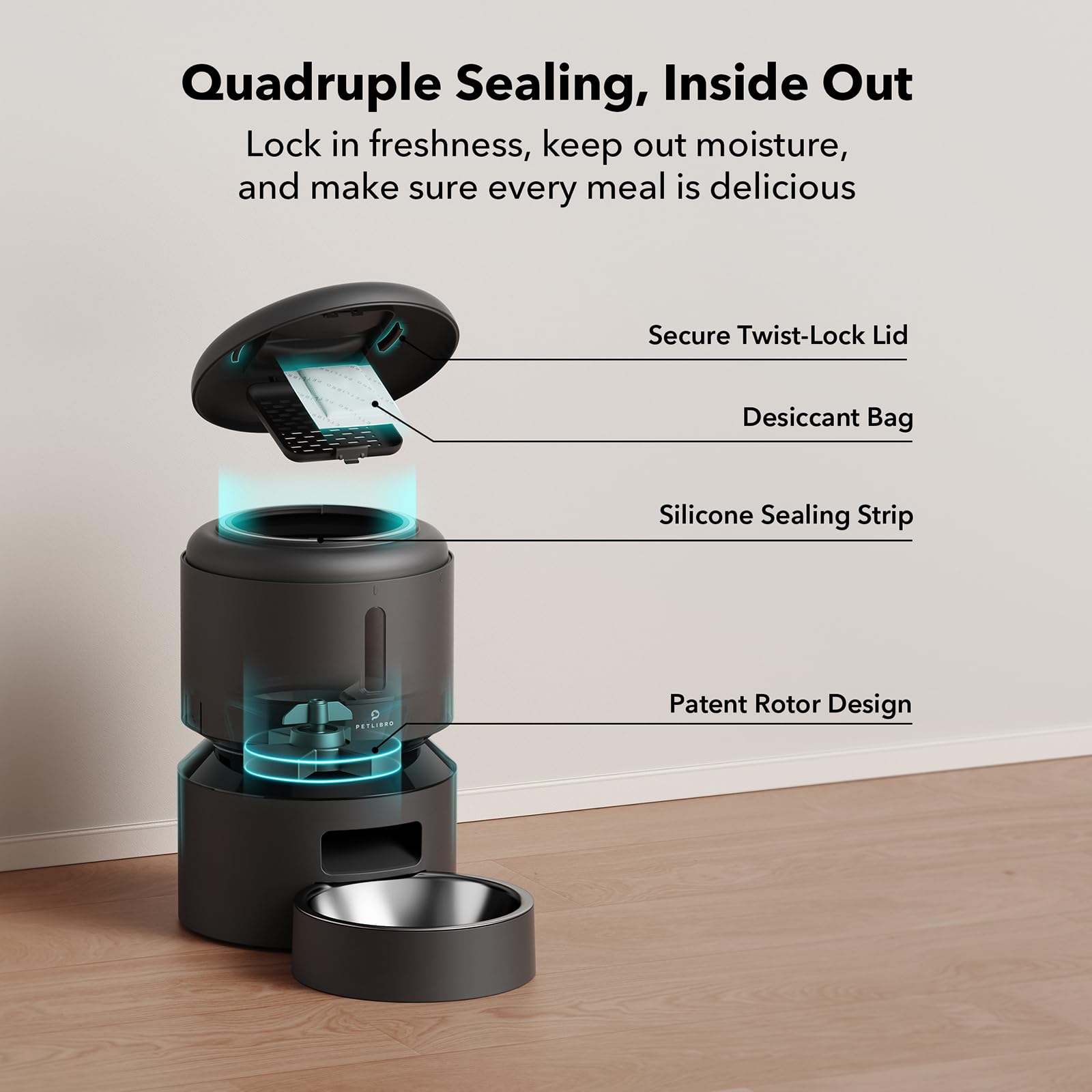 PETLIBRO battery backup illustration confirms feeding continuity during power outages.
