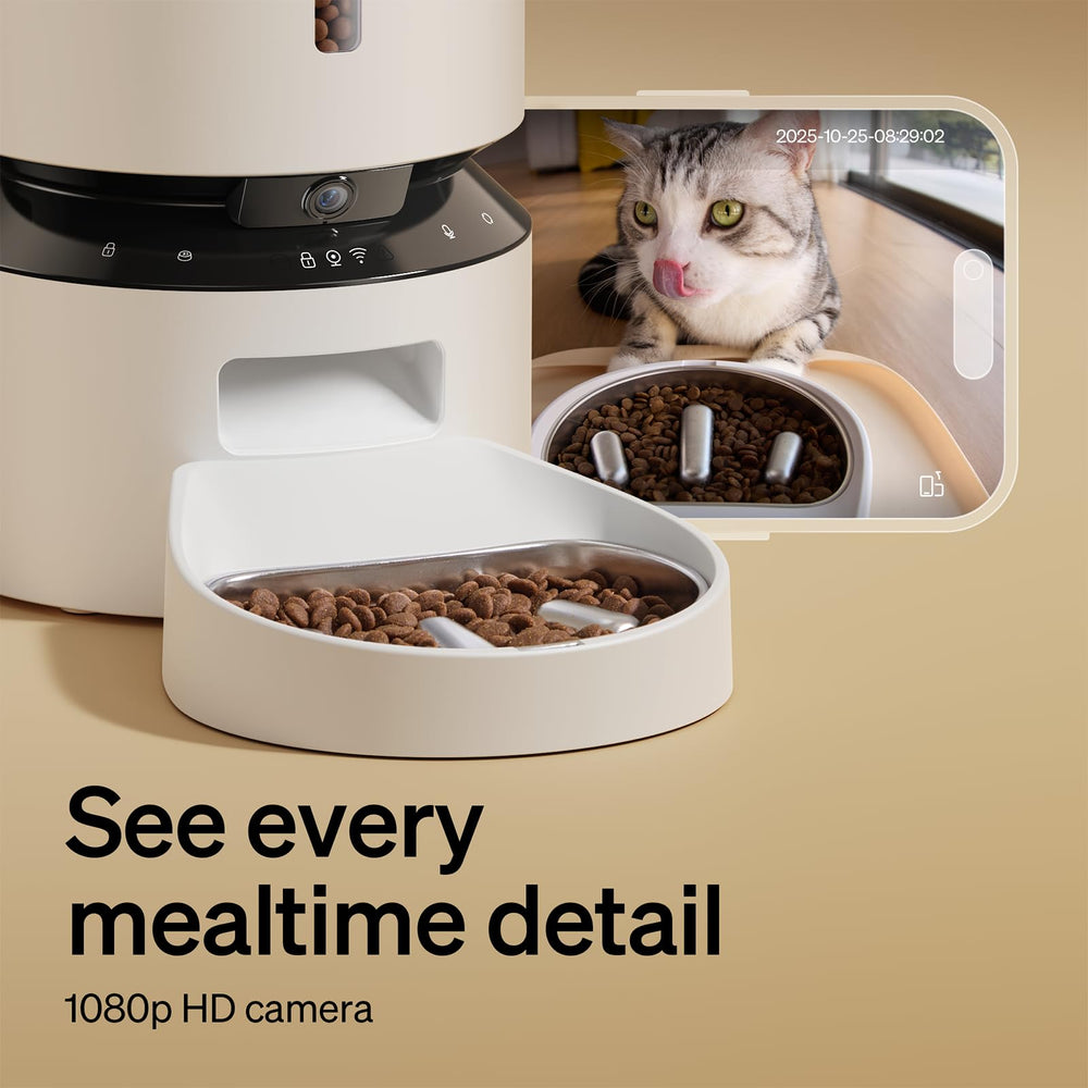 PETLIBRO 1080p camera with night vision enables real-time pet interaction at mealtime.