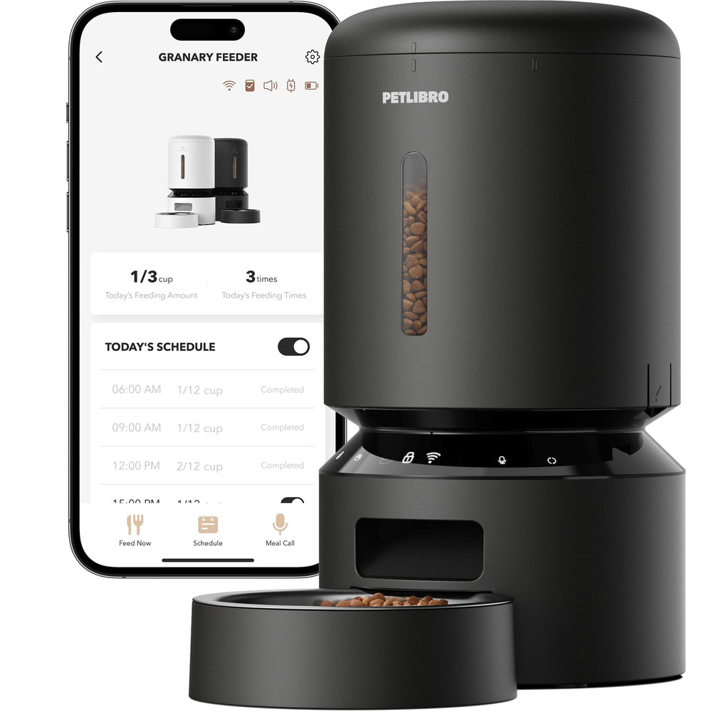 PETLIBRO automatic feeder front view highlighting 5L capacity and modern design