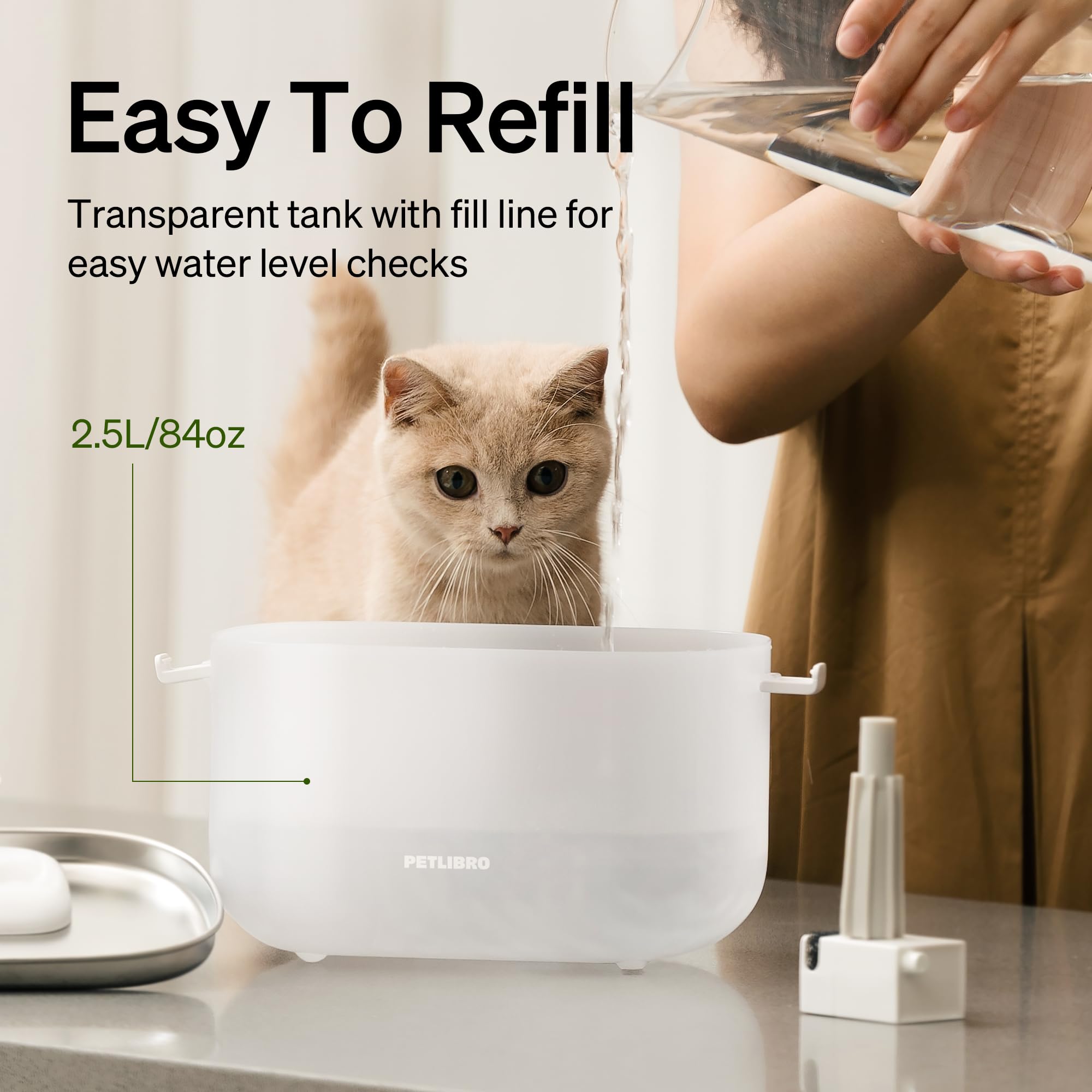 PETLIBRO cat fountain 2.5L capacity keeps water readily available.
