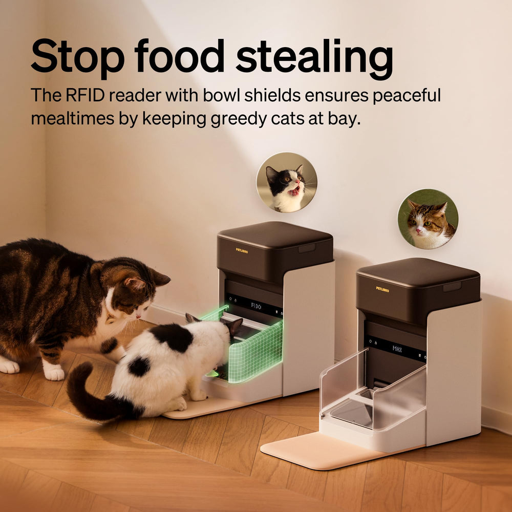 PETLIBRO RFID feeder locking lid prevents food sharing in multi-cat homes.