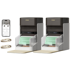 PETLIBRO RFID multi-cat feeder two-pack shown side by side on kitchen counter.