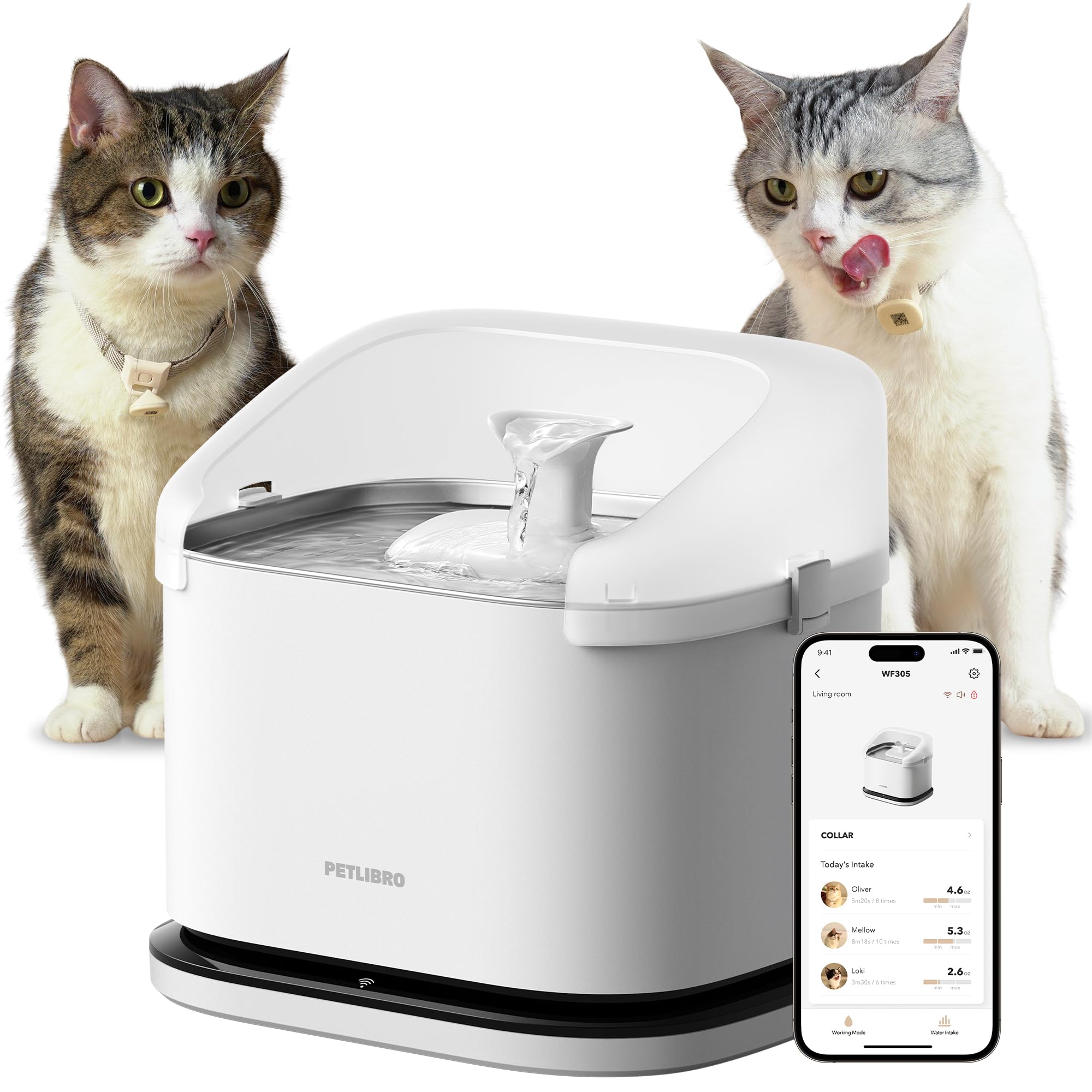 PETLIBRO RFID multi-cat fountain, top view, large 3L tank for multiple pets.