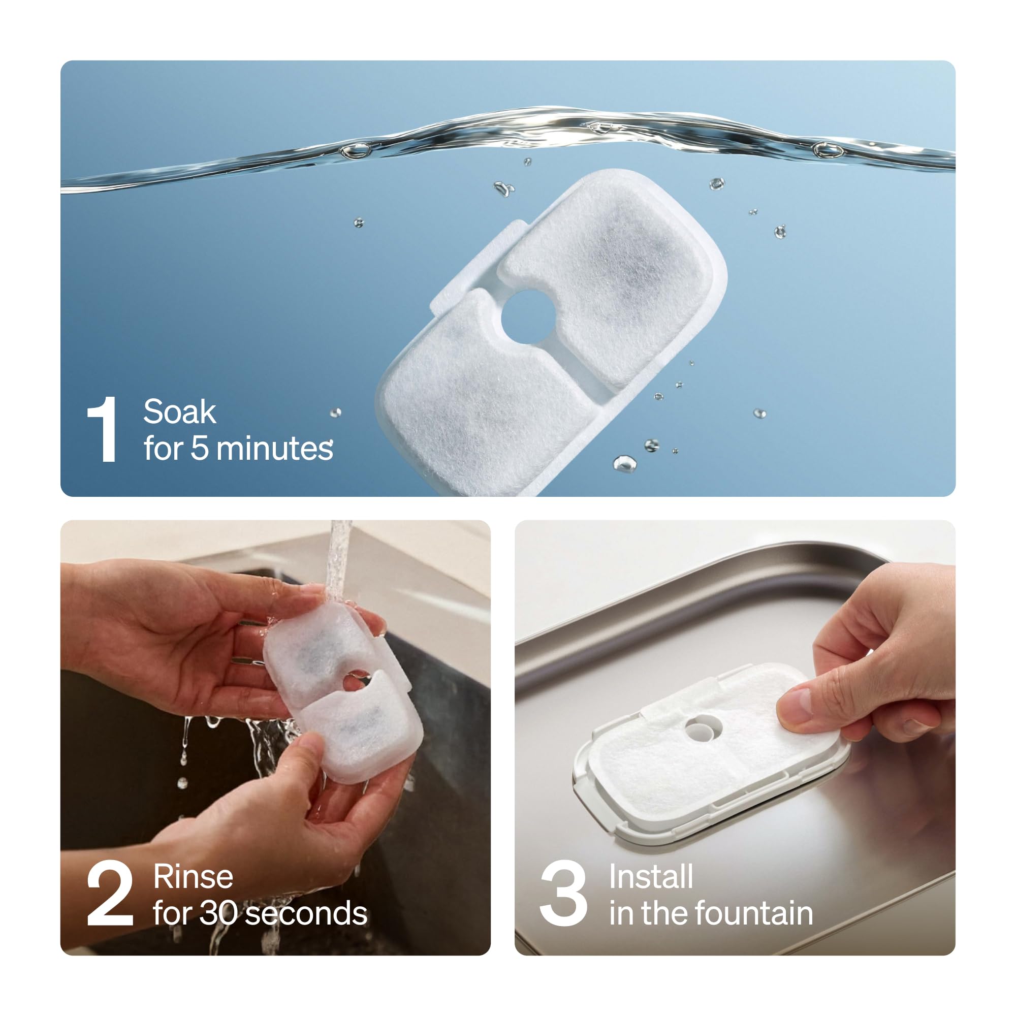 PETLIBRO use instructions show soak and rinse steps for optimal performance.