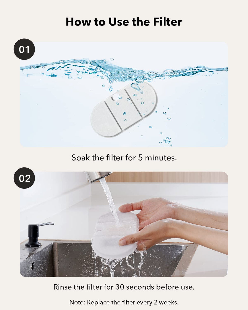 Soak filters before use to maximize filtration performance