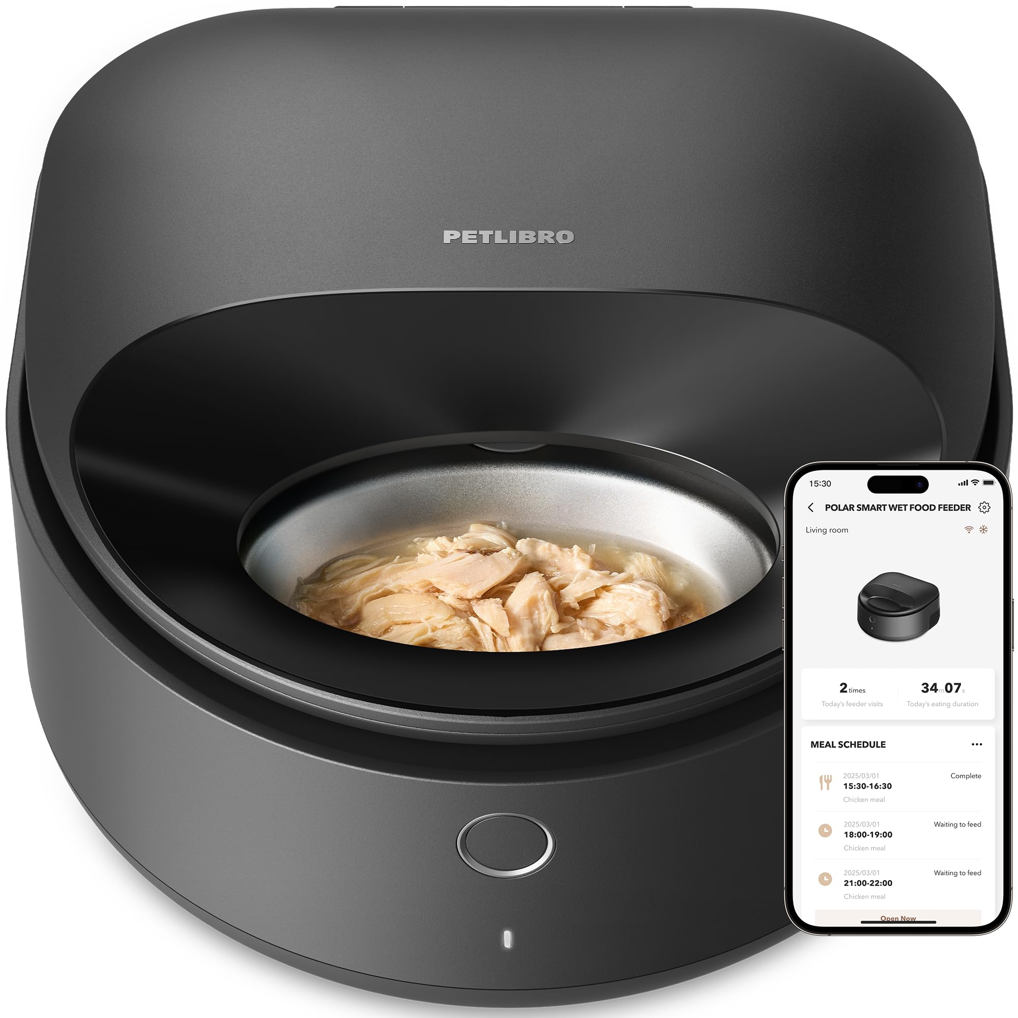 PETLIBRO wet food feeder bowl showing stainless steel design and fresh meal presentation.