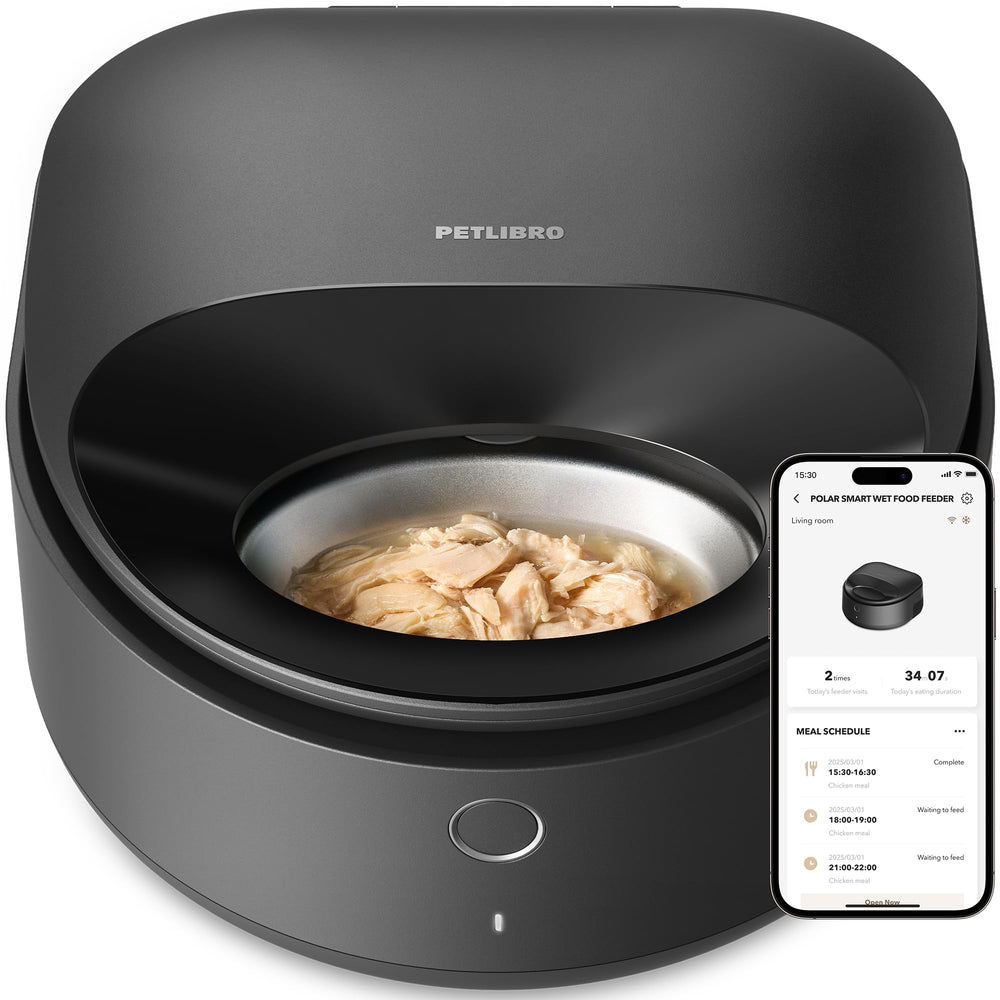 PETLIBRO wet food feeder bowl showing stainless steel design and fresh meal presentation.